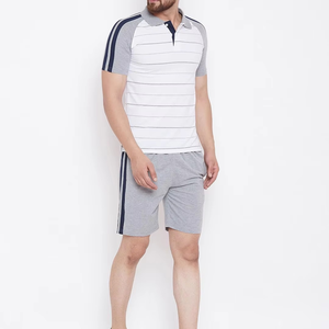 Men's Striped <b>Polo</b> T-Shirt Set Gray <b>White</b> Breathable Knitted Casual Summer Sportswear Shorts Set - Product Image 5