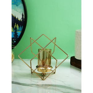 Porte-bougie géométrique en métal doré avec insert en verre, lanterne décorative pour bougie chauffe-plat, décoration intérieure et centre de table - Product Image 5