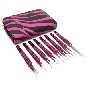 Ensemble de pinces à cils de précision en acier inoxydable, pointe lisse, motif zèbre rose et noir, étui zippé, 6 pièces - Product Image 3