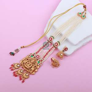 Dhanya Antique Gold Plated Designer Long <b>Necklace</b> <b>Set</b> with Zircon <b>Earrings</b> for <b>Bridal</b> & Festival - Product Image 1