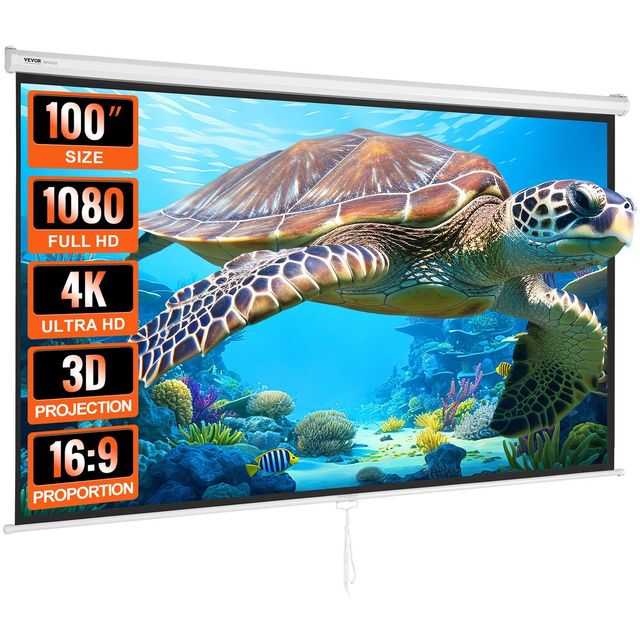 100-Inch Manual Projector Screen 16:9 4K 1080 HD Retractable Pull Auto-Locking Portable Movie Screen for Home Office Theater for