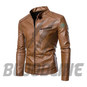 Men's Black PU <b>Leather</b> Moto Biker <b>Jacket</b> Stand Collar Slim Fit Zipper Closure Left Sleeve Claw Print Autumn Wear - Product Image 4