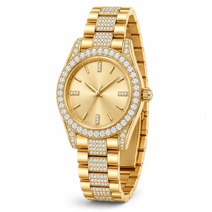 Reloj analógico de lujo para mujer, caja de oro amarillo, bisel de diamantes, movimiento de cuarzo redondo - Product Image 4