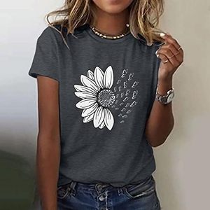 Women stylish fitted retro short sleeve cotton tee <b>top</b> <b>sunflower</b> print airy knitted casual summer apparel modern - Product Image 2