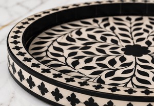 Round Bone Inlay Decorative <b>Tray</b> With <b>Black</b> & White Floral Pattern Traditional Engraved Design For Table Display Decorative <b>Tray</b> - Product Image 4