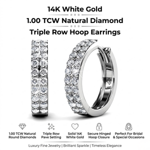 Pendientes de Aro de Oro Blanco de 14K con Diamantes Naturales de Corte Redondo de 1.00 TCW | Joyería Fina de Lujo con Tres Hileras de Diamantes, Colección Nupcial para Mujer - Product Image 4