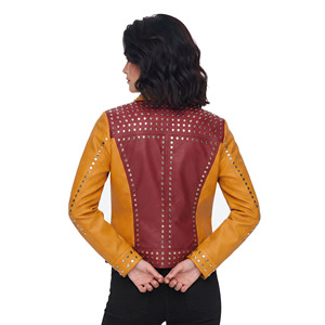 Custom Made Women Studded Leather <b>Jacket</b> Ladies Zipper Leather Studded <b>Jackets</b> Ladies Turn Down Collar Leather Studded <b>Jacket</b> - Product Image 2