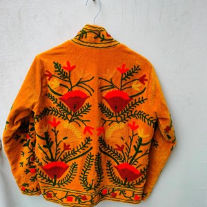 Handcrafted Mustard Velvet <b>Quilted</b> Jacket Kashmiri Floral Crewel Embroidery Bohemian Winter Coat Festival Wear Breathable - Product Image 4