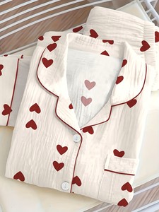 Ensemble de pyjama en mousseline thermique écologique confortable pour femme, imprimé rayé - Haut à manches longues et col montant, pantalon à taille élastique, lavable en machine - Product Image 2