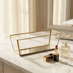 Glass <b>Desk</b> Organizer Storage Tray Minimalist Design Brass Frame Lacquered Finish Jewelry Holder Tabletop Decor for Living Room - Product Image 3