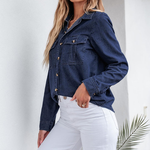Regular Korean Woven Denim Shirts Women Vintage Single-Breasted Shirt Embroidered Bow Casual Blue <b>Top</b> Summer Autumn Spring - Product Image 2