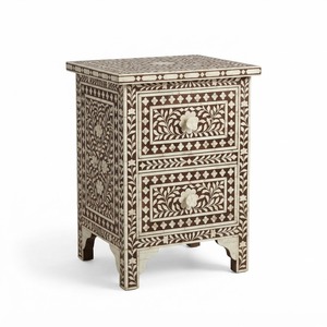Mesita de Noche con Incrustaciones Florales Grises, Mesita de Noche de Madera de Lujo Personalizada, Proveedor Mayorista de Muebles con Incrustaciones de Hueso para Dormitorio - Product Image 4