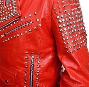 Lawd Sports Red PU Leather Unisex <b>Punk</b> Style Motorcycle <b>Jacket</b> Rivet Decoration V-neck Zipper Closure Breathable Autumn Wear - Product Image 4