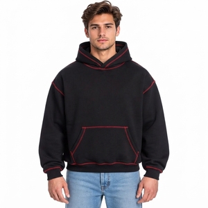 Custom Red <b>Stitch</b> Detail 100% Cotton <b>Oversized</b> <b>Hoodie</b> Men Baggy Streetwear Pullover Minimal Utility Style - Product Image 1