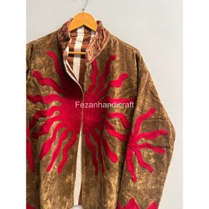 Veste en velours à col mandarin, manches longues, broderie rouge, motif géométrique, vêtements d'hiver pour femmes, manteau, style bohème chic - Product Image 3