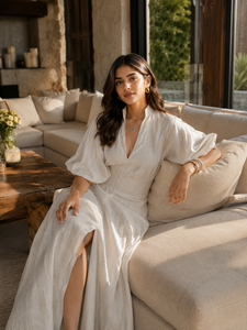 Linen <b>Dress</b> Women Summer V Neck Puff Sleeve Maxi <b>Dresses</b> Elegant Casual Pleated Waist Solid Color <b>Long</b> <b>Dress</b> With Pockets - Product Image 4