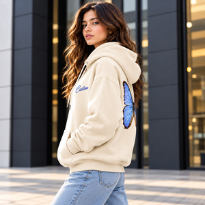 <b>Women's</b> Beige <b>Hoodie</b> <b>Blue</b> Butterfly Print Drop Shoulder Pullover Sweatshirt With Kangaroo Pocket - Product Image 2