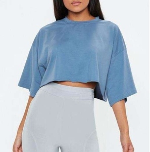Women's <b>Crop</b> <b>Top</b> Short Sleeve Crew Neck Loose Fit Knitted Cotton Solid Color Breathable Spring Summer T-Shirt - Product Image 2