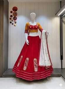 Women's <b>Red</b> <b>Silk</b> Lehenga Choli With White Embroidered Dupatta Traditional Indian Wedding Wear Floor-Length Regular Fit - Product Image 4
