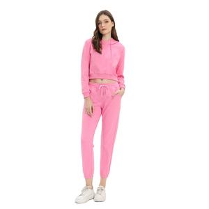 Survêtement solide imprimé 100% coton pour femmes ensemble 2 pièces avec sweat à capuche et pantalon pour les sports d'automne - Product Image 1