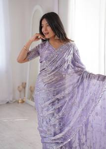 Sari de seda espacial de lujo en tendencia con cuentas originales y blusa a juego con trabajo de cuentas hecho a mano, sari premium para fiesta con trabajo de cuentas. - Product Image 6