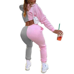 Conjunto de Sudadera Corta con Capucha y Pantalones Jogger para Mujer, Diseño de Bloques de Color en Dos Tonos, Bordado, Informal, de Invierno, al por Mayor, OEM - Product Image 6