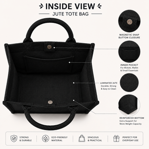 Sac fourre-tout en jute noir moyen avec poignée rembourrée, imprimé sur mesure, écologique, sac cadeau, sac d'épicerie réutilisable, vente en gros - Product Image 5