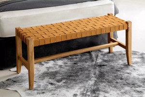 Modern Wooden Bench With Leather Seat 120Cm Living Room Furniture Midcentury Design Home <b>Stool</b> Ottoman - Product Image 6