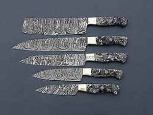 Ensemble de couteaux de cuisine professionnels très demandés, 5 pièces, en acier Damas, avec manche en bois, accessoires inclus, OEM et logo personnalisé - Product Image 1
