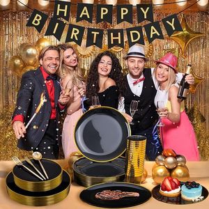 Set di Stoviglie Monouso EI 180 Pezzi, Piatti in Plastica Nero e Oro, Posate e Bicchieri per Feste, Kit di Forniture per Feste Usa e Getta - Product Image 4
