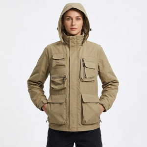 Men's Hooded Safari <b>Jacket</b> <b>With</b> Mesh Face Guard Windproof Workwear Style Beige Polyester <b>Zipper</b> Closure Multiple <b>Pockets</b> - Product Image 4