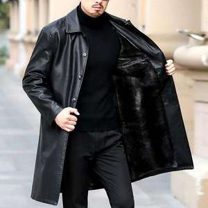 Winter <b>Men's</b> Thick Fleece <b>Long</b> Over-knee Faux Leather Trench <b>Coat</b> with Button Detail Eco-Friendly Single Breasted Design - Product Image 6