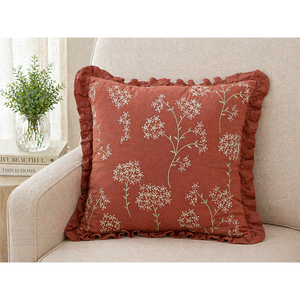 Luxury Square Floral Embroidery Linen Throw Pillow Cover <b>with</b> Decorative Ruffle Edge for Home & Hotel Use - Product Image 1