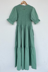 Robe longue en coton vert uni pour femme, avec corsage smocké, manches à volants, robe longue à plusieurs niveaux, robe décontractée d'été, robe bohème - Product Image 5