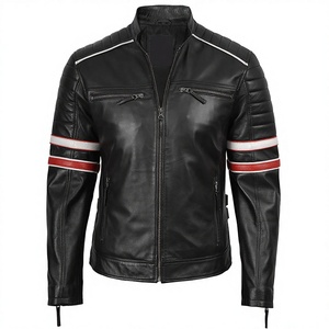 2026 Men's Black Cow Hide Leather <b>Jacket</b> With <b>Red</b> White Stripes Stand Collar Zipper Closure Slim Fit Regular Length Winter Wear - Product Image 1