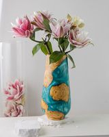 Vase rond en bois et résine fait main, finition brillante, design rustique, écologique, moderne, pour présentation florale, décoration de table, cadeau, bleu beige