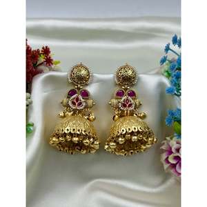 Indian Ethnic Brass Jhumka Earrings-Trendy Pearl & Diamond Kashmiri Jewellery - Product Image 5