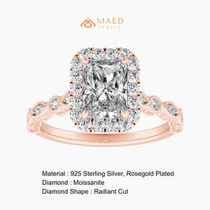 แหวนหมั้นโรสโกลด์ประดับมอสซาไนต์สำหรับผู้หญิง ชุบทองคำขาว 14K ทรงมรกต ประดับเพชรแบบ Halo Prong หรูหรา สำหรับเจ้าสาว แหวนสัญญา เครื่องประดับชั้นดี - Product Image 6