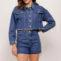 Ensemble deux pièces décontracté d'été pour femme, couleur personnalisable, respirant, en Spandex/Polyester, veste à manches longues et jean en denim