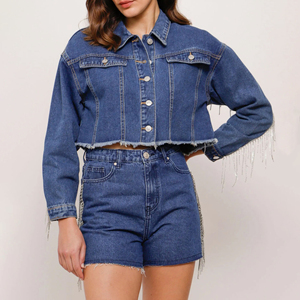 Ensemble deux pièces pour femmes, nouvelle collection printemps, couleur unie, style streetwear, couleur personnalisable, respirant, en spandex/polyester, veste à manches longues, jean denim - Product Image 2