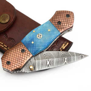 Navaja Plegable de Acero de Damasco con Hoja de Punta Caída, Mango de Micarta Azul, 8 Pulgadas de Longitud Total, con Perilla de Pulgar, Navaja de Bolsillo - Product Image 2