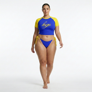 Blue Yellow Raglan Sleeve Crop <b>Top</b> Print Knitted Polyester Women's 2 Piece Swimwear Set Thongs Front Eco-Friendly Waist Detail - Product Image 6