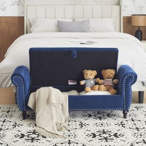 Panca Ottomana Rettangolare in Velluto Blu Navy con 1 Cuscino, Sgabello Multifunzionale con Contenitore e Pouf - Product Image 5