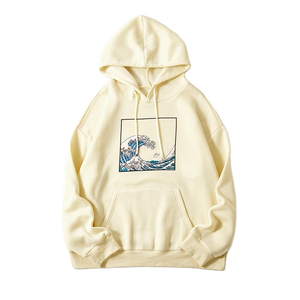 Sweat-shirt à capuche unisexe couleur crème, coupe ample, en coton French Terry, décontracté, avec poche avant et motif vague imprimé - Product Image 1