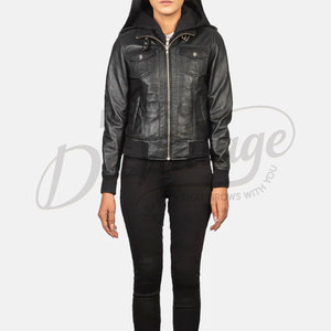 Premium Women Black Real Leather Hooded <b>Bomber</b> <b>Jacket</b> Slim Fit Removable Hoodie Sheepskin Biker <b>Jacket</b> Multi Pocket Coat - Product Image 5