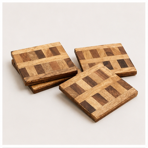 Premium Handcrafted Luxury Two-Tone Walnut Oak Wooden Coasters Set 4 Modern Geometric Inlay Customizable Drink Mats Home Office - Product Image 1