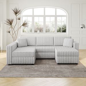 Divano a U in Morbido Peluche di Coniglio per 4 Persone, Elegante e Confortevole con Pouf Idraulico da 30,7'' per Camera da Letto e Soggiorno - Product Image 1