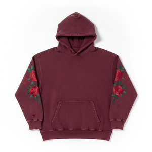 Sudadera con capucha para hombre, color borgoña, con bordado floral de rosas, estilo desgastado, informal, con bolsillos, para otoño. - Product Image 2