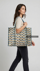 Bolso Tote Grande de Algodón Acolchado con Estampado Floral Hecho a Mano en Jaipur para Primavera/Verano, con Cremallera, Ecológico, para Playa o Viaje, para Mujer - Product Image 2