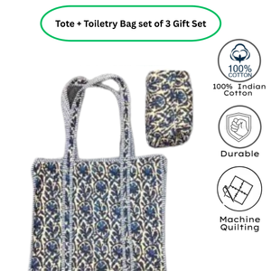 Bolsa de Mano Premium con Diseño Floral Estampado en Bloque de Jaipur en Azul y Blanco + Set de Neceser a Juego con Cierre de Cremallera, Paquete de Regalo para Toda Temporada - Product Image 3